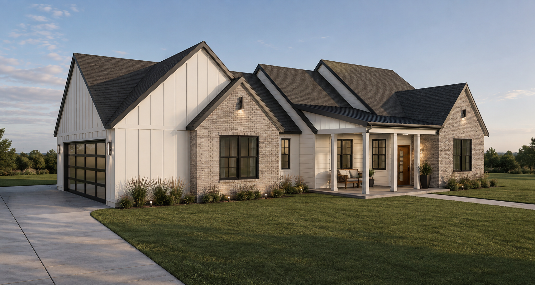 Front exterior rendering of the custom farmhouse residence