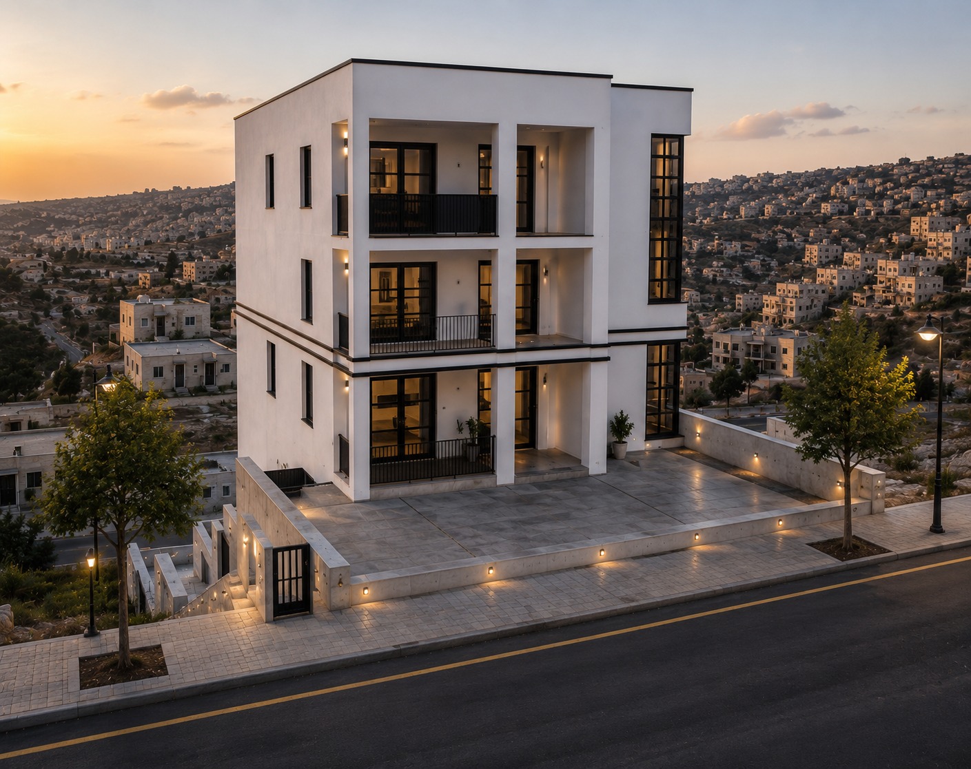 Hillside duplex exterior viewed from the upper street