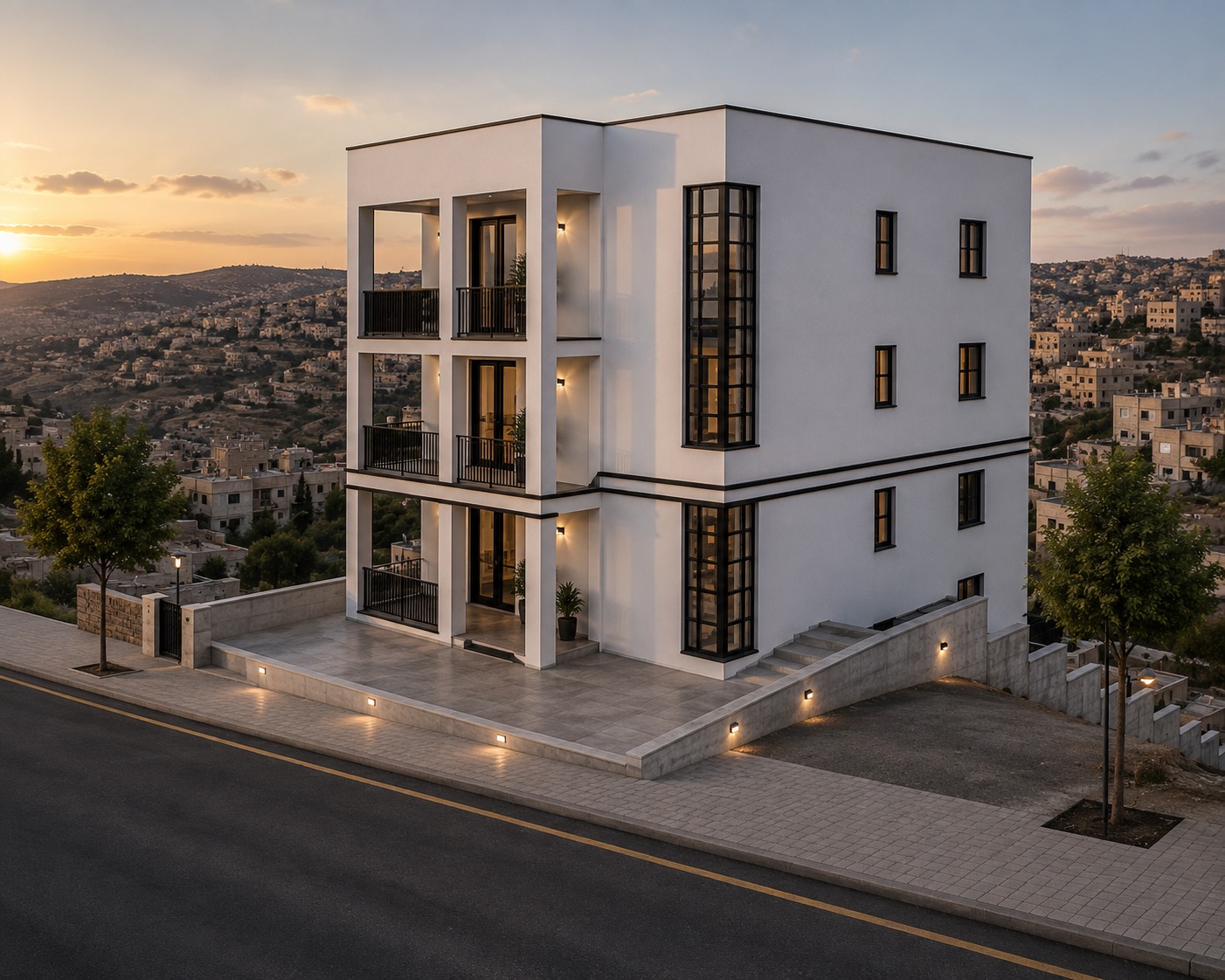 Hillside duplex exterior at sunset