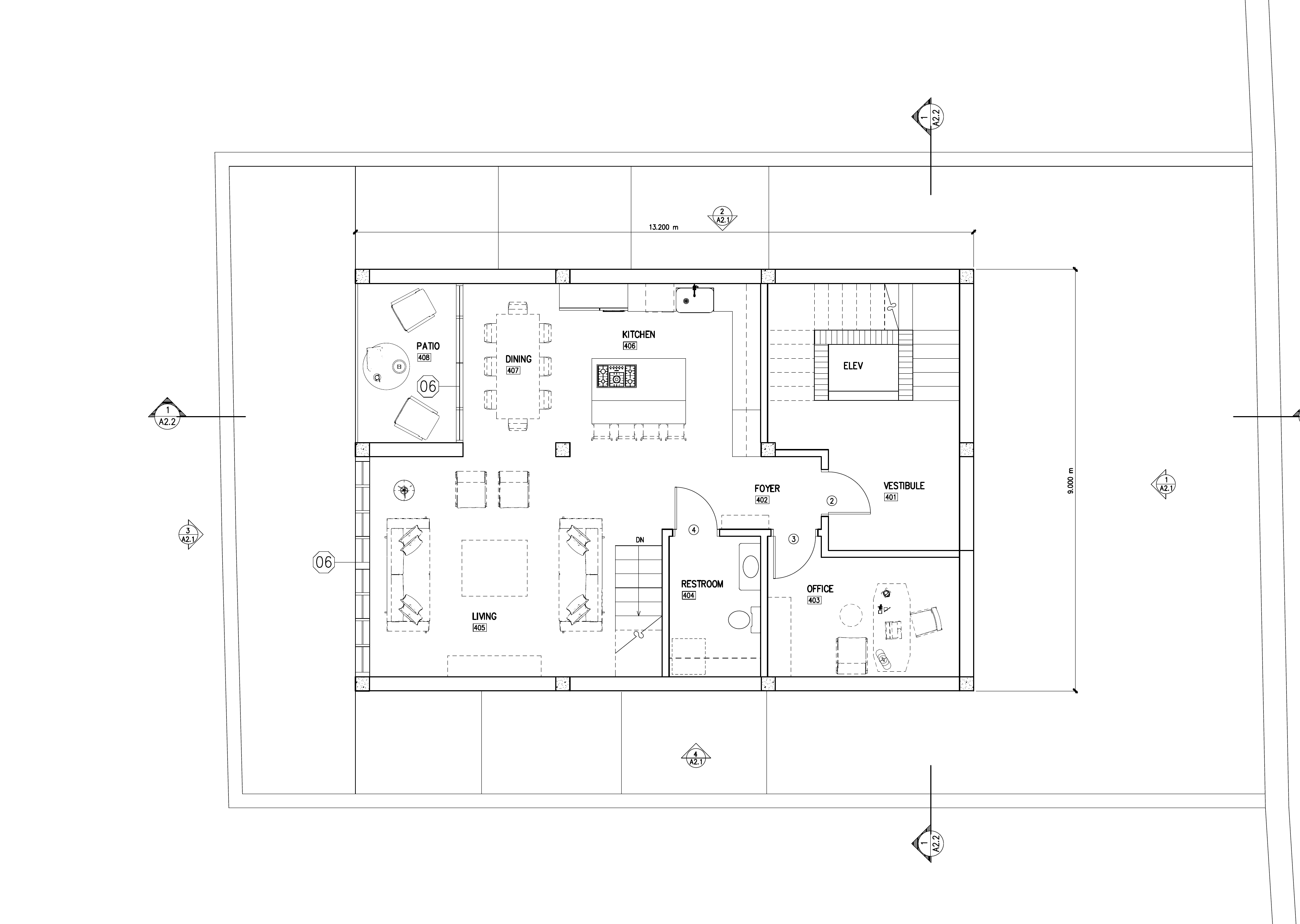 First floor plan with living, dining, kitchen, patio and office