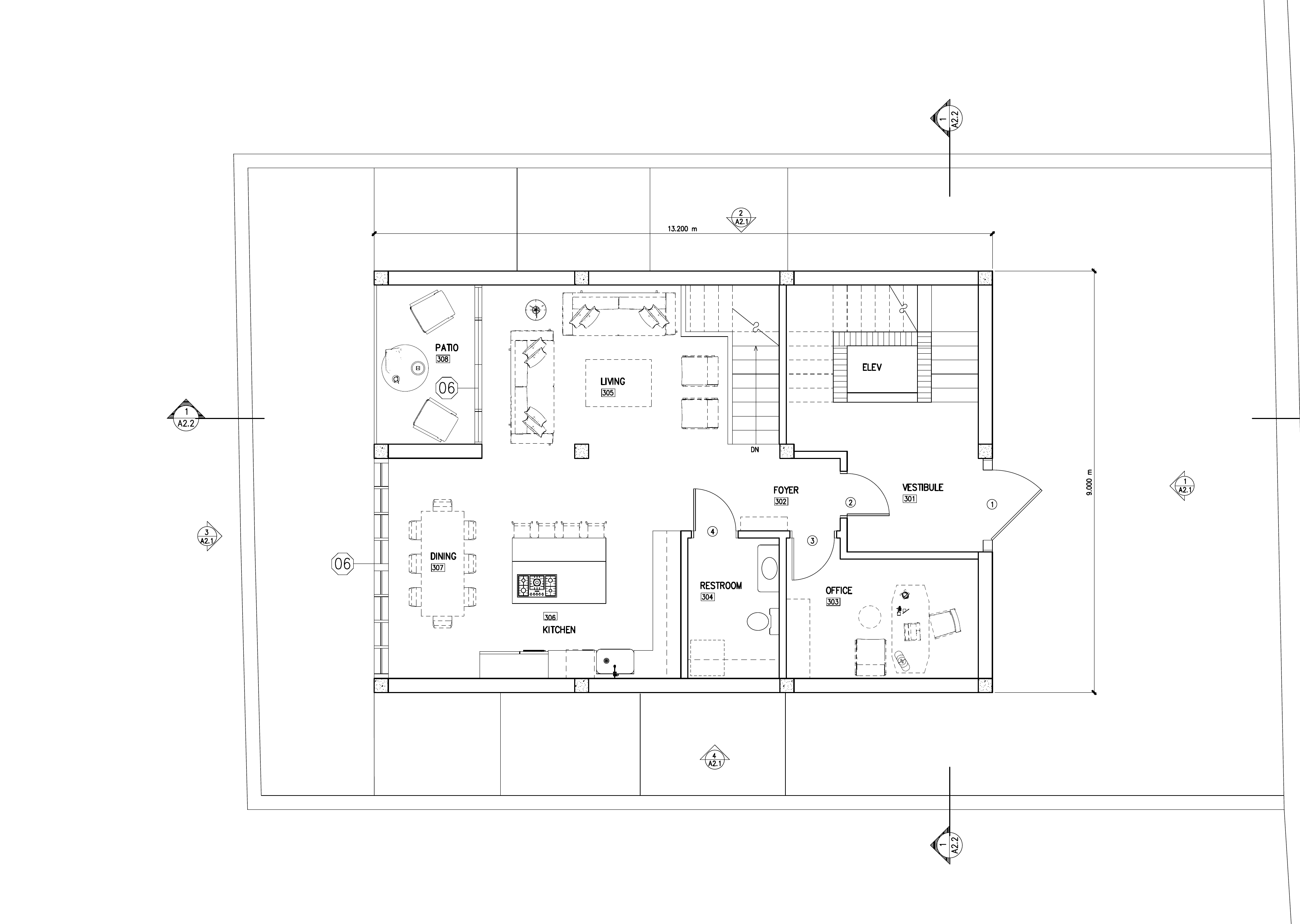 Ground floor plan with shared entrance, living, dining, kitchen and office