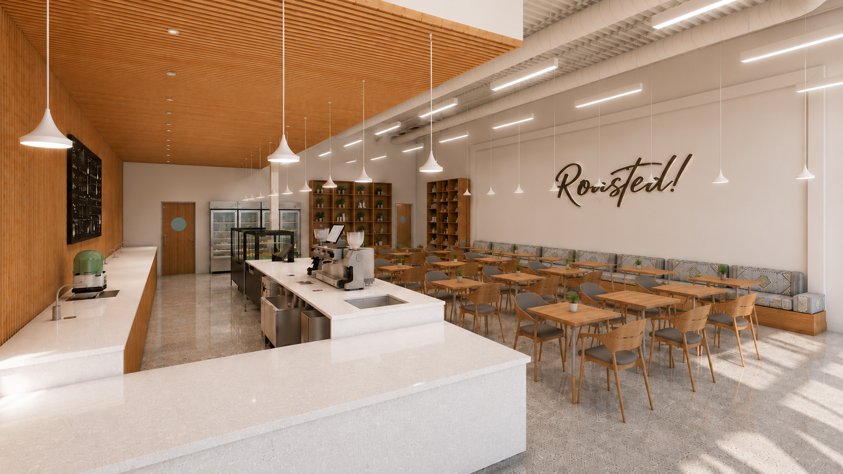 Service counter and customer seating at Roasted Coffee Shop