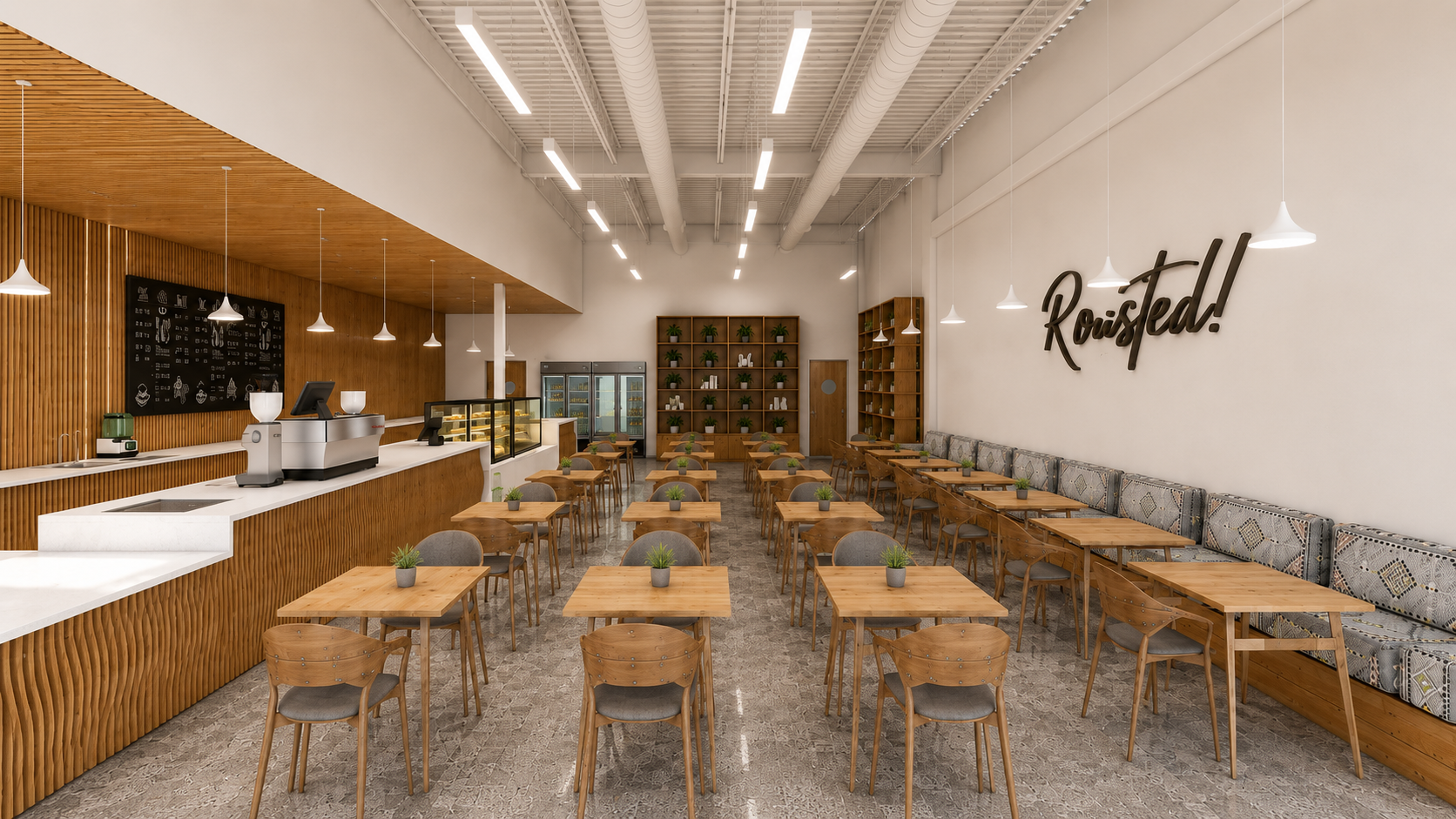 Feature wall and lounge seating at Roasted Coffee Shop